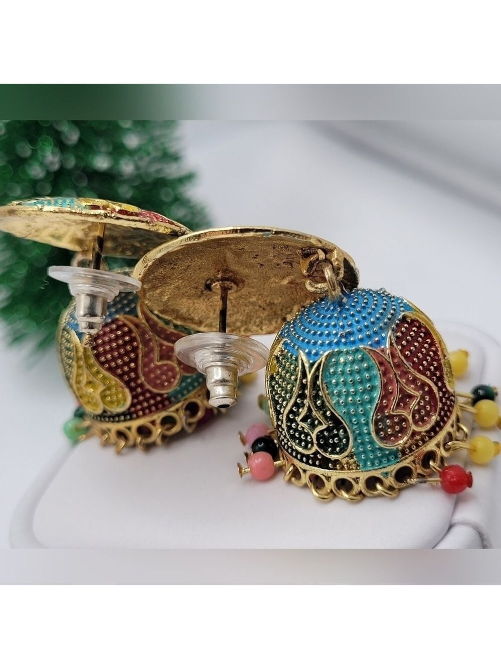 ✨2/$10✨ Gold Jhumki Earrings with Multicolor Beads Ethnic Statement Jewelry - Picture 10 of 11